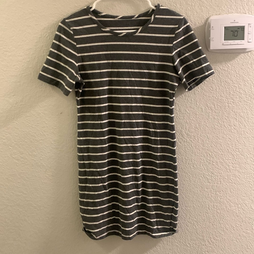 Gray and white striped T-shirt dress